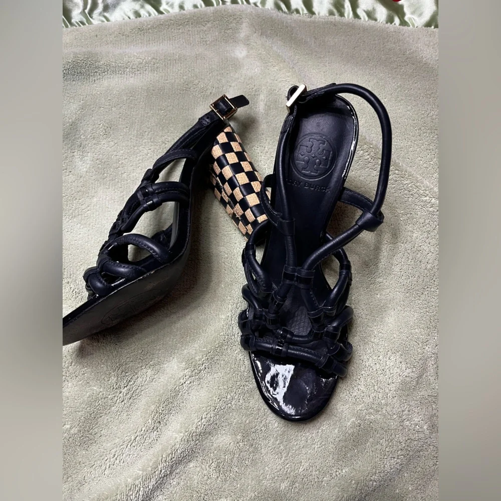 Tory Burch Black and Tan Strappy Block Heels - Picture 5 of 15